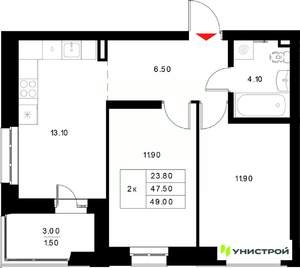 2-к квартира, вторичка, 49м2, 10/22 этаж