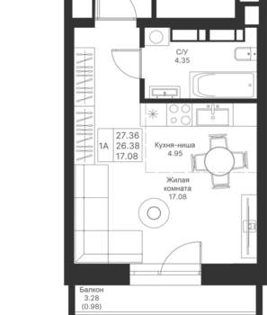 Студия квартира, вторичка, 27м2, 6/25 этаж