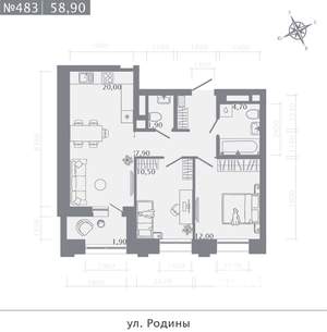 2-к квартира, строящийся дом, 59м2, 6/23 этаж