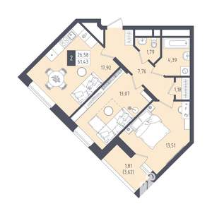 2-к квартира, вторичка, 61м2, 19/22 этаж