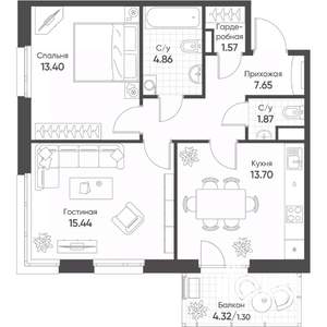 2-к квартира, строящийся дом, 60м2, 10/18 этаж