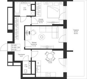 2-к квартира, вторичка, 58м2, 11/24 этаж
