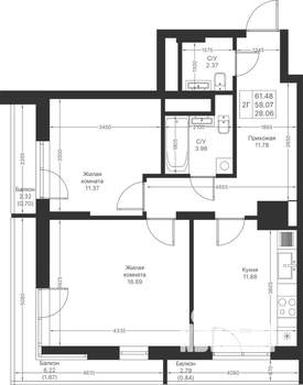 2-к квартира, вторичка, 61м2, 11/24 этаж