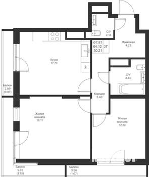 2-к квартира, вторичка, 68м2, 20/24 этаж