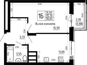 1-к квартира, строящийся дом, 37м2, 2/23 этаж
