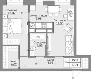 2-к квартира, вторичка, 48м2, 16/24 этаж