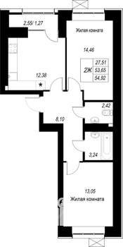 2-к квартира, вторичка, 55м2, 6/10 этаж