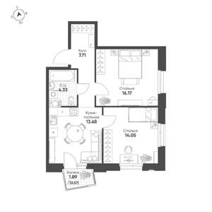 2-к квартира, строящийся дом, 57м2, 8/19 этаж