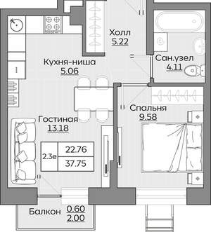 2-к квартира, вторичка, 38м2, 9/24 этаж