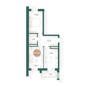 2-к квартира, строящийся дом, 58м2, 6/17 этаж