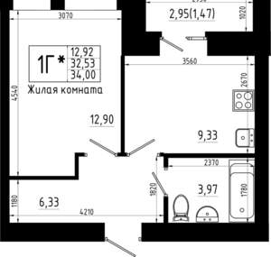 1-к квартира, строящийся дом, 34м2, 6/23 этаж