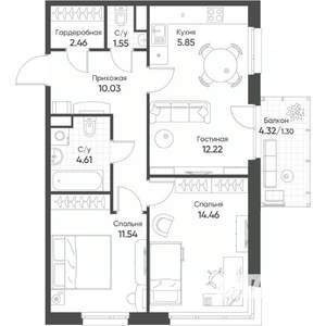 3-к квартира, строящийся дом, 64м2, 7/18 этаж
