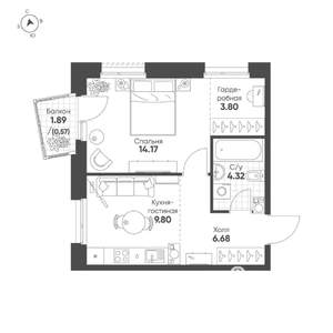 1-к квартира, строящийся дом, 39м2, 17/19 этаж