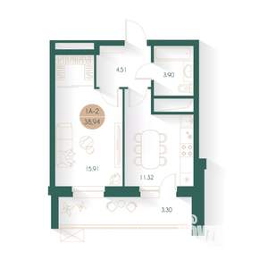 1-к квартира, вторичка, 38м2, 15/17 этаж