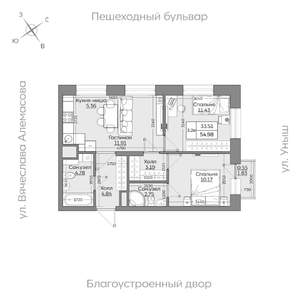 3-к квартира, вторичка, 55м2, 3/19 этаж