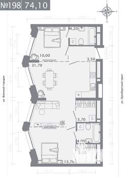 2-к квартира, строящийся дом, 74м2, 25/25 этаж