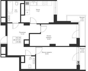2-к квартира, вторичка, 63м2, 9/25 этаж