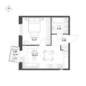 1-к квартира, строящийся дом, 42м2, 9/19 этаж