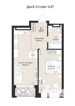 1-к квартира, строящийся дом, 49м2, 3/5 этаж