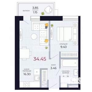 1-к квартира, сданный дом, 35м2, 10/23 этаж