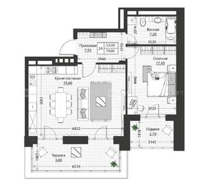 2-к квартира, строящийся дом, 74м2, 1/4 этаж