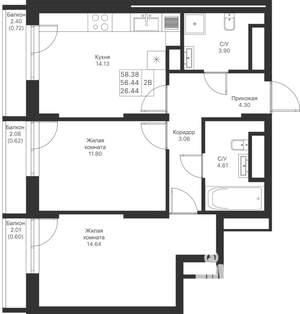 2-к квартира, вторичка, 58м2, 21/25 этаж