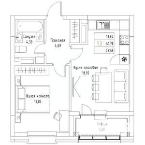 1-к квартира, вторичка, 44м2, 6/9 этаж