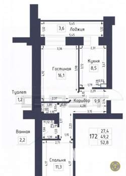 2-к квартира, вторичка, 53м2, 7/9 этаж
