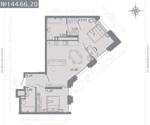 2-к квартира, строящийся дом, 66м2, 18/25 этаж