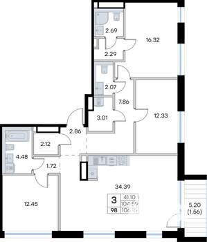 3-к квартира, вторичка, 106м2, 3/8 этаж