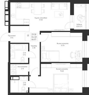 2-к квартира, вторичка, 66м2, 2/23 этаж