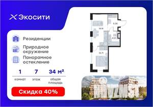 1-к квартира, вторичка, 34м2, 7/8 этаж