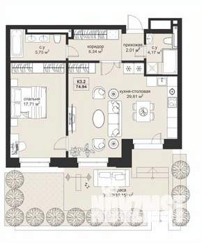 2-к квартира, строящийся дом, 75м2, 1/4 этаж