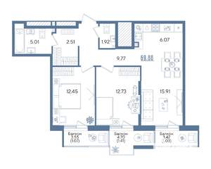 2-к квартира, строящийся дом, 69м2, 6/13 этаж