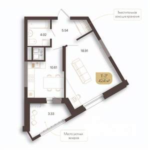 1-к квартира, строящийся дом, 42м2, 12/20 этаж