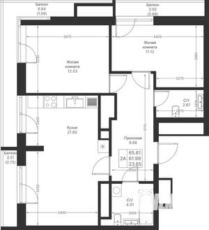 2-к квартира, вторичка, 66м2, 23/25 этаж