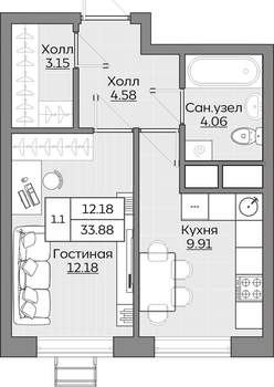 1-к квартира, вторичка, 34м2, 15/24 этаж