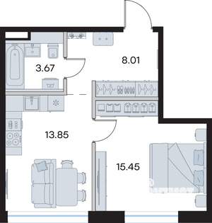 1-к квартира, строящийся дом, 41м2, 6/8 этаж