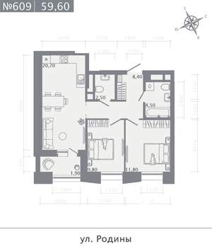 2-к квартира, строящийся дом, 60м2, 8/23 этаж