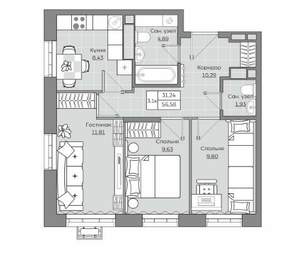 3-к квартира, вторичка, 57м2, 12/19 этаж