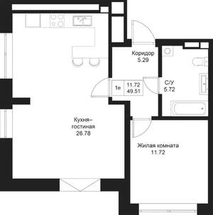 1-к квартира, вторичка, 50м2, 5/5 этаж