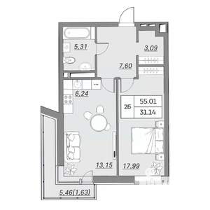 2-к квартира, вторичка, 55м2, 7/9 этаж