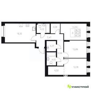 3-к квартира, вторичка, 90м2, 3/8 этаж