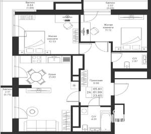 2-к квартира, вторичка, 66м2, 23/25 этаж