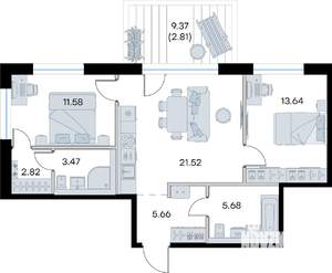 2-к квартира, строящийся дом, 67м2, 1/8 этаж