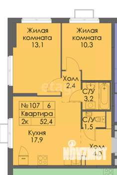 2-к квартира, вторичка, 52м2, 10/17 этаж