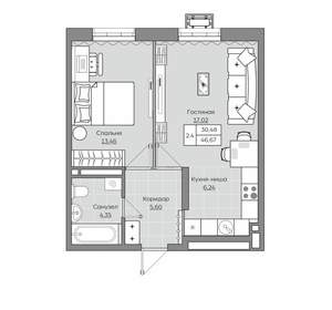 2-к квартира, вторичка, 47м2, 21/25 этаж