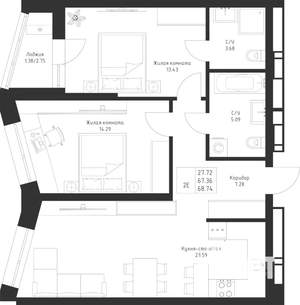 2-к квартира, вторичка, 69м2, 4/23 этаж
