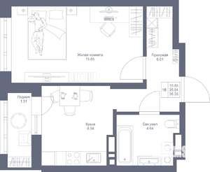 1-к квартира, вторичка, 36м2, 5/22 этаж