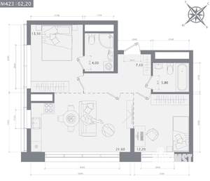 2-к квартира, строящийся дом, 62м2, 11/23 этаж